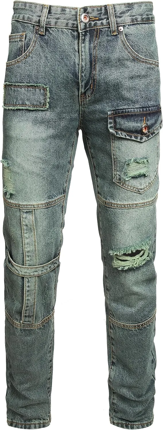 Men Ripped Jeans Fashion Slim Fit Traight Distressed Design Skinny Stretch Comfort Flex Waist Denim Pants