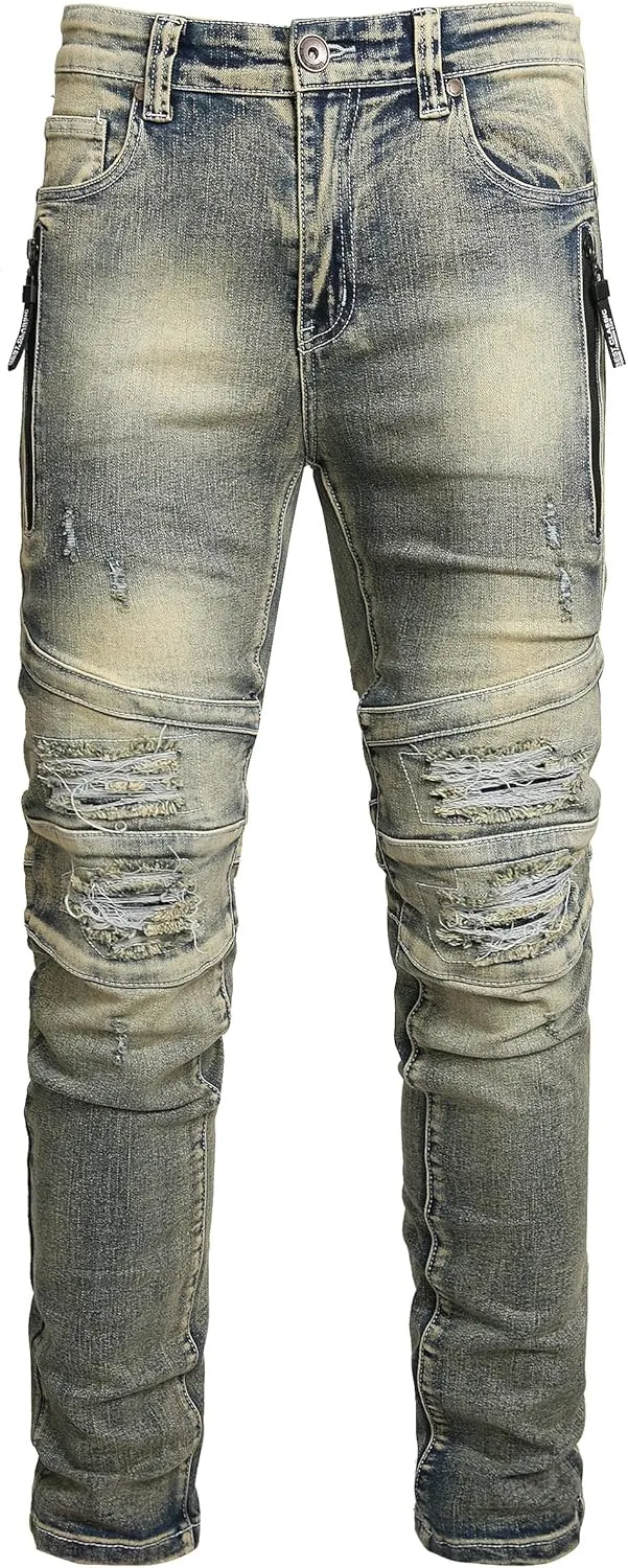 Men Ripped Jeans Fashion Slim Fit Traight Distressed Design Skinny Stretch Comfort Flex Waist Denim Pants