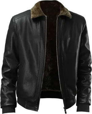 Men Vintage Leather Coat Male Fashion Suede Sherpa Jacket Fur Collar Classic Pu Coats Thick Warm Faux Leathers (Black,Large)