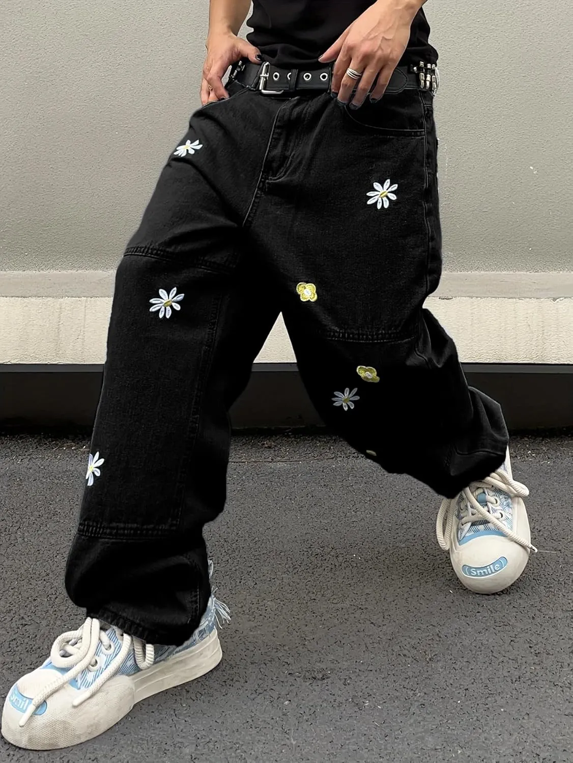 Mens Baggy Jeans Patchwork Flower Daisy Embroidery Skater Denim Pant Y2k Hip Hop Wide Leg Jeans