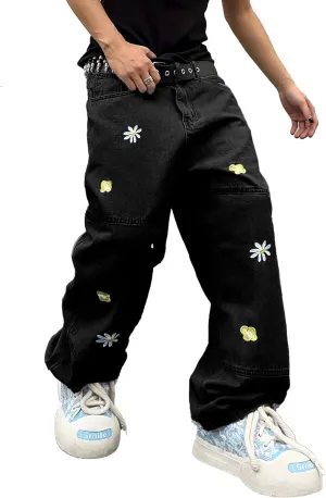 Mens Baggy Jeans Patchwork Flower Daisy Embroidery Skater Denim Pant Y2k Hip Hop Wide Leg Jeans