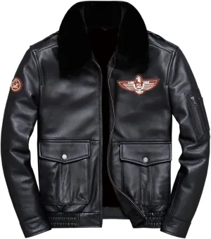 Men’s Black A2 Aviator Genuine Sheepskin Sherpa Faux Fur Turn-Down Collar G1 Military Air Force Leather Jacket