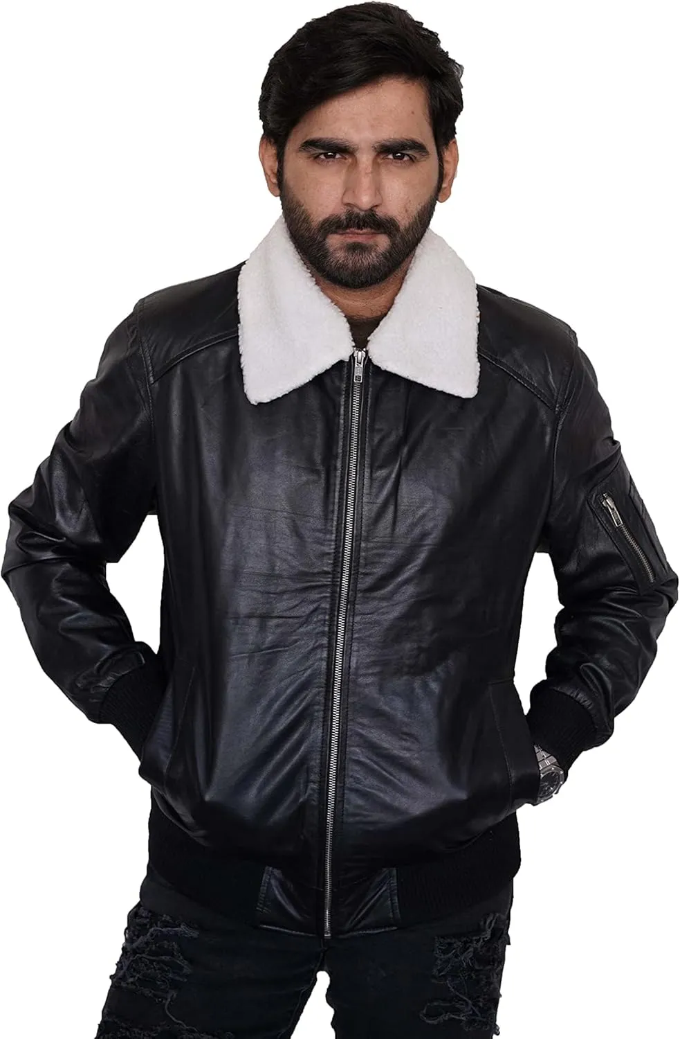 Men's Bomber Real Sheepskin Leather Jacket - Men's Aviator Poilet leather jacket for men