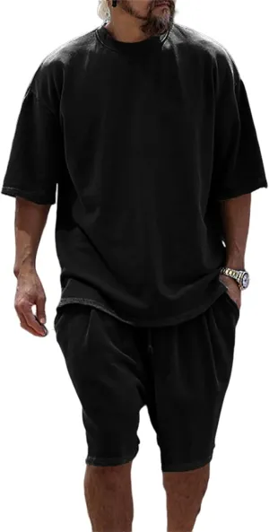 Mens Casual 2 Piece Outfits Short Sleeve Tracksuit Crew Neck T Shirt & Shorts Set Oversize Two Piece Casual Jogging Set