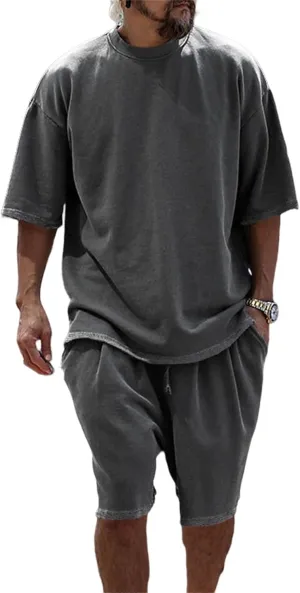 Mens Casual 2 Piece Outfits Short Sleeve Tracksuit Crew Neck T Shirt & Shorts Set Oversize Two Piece Casual Jogging Set