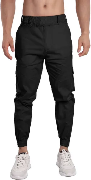Men's Casual Active Cargo Pants Slim Fit Tapered Zip Up Bottom Joggers Elastic Waist Running Sweatpants with Pockets