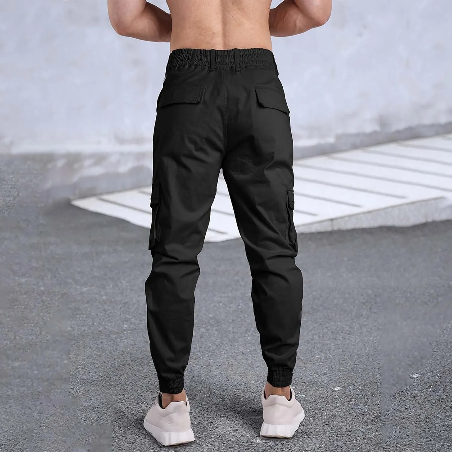 Men's Casual Active Cargo Pants Slim Fit Tapered Zip Up Bottom Joggers Elastic Waist Running Sweatpants with Pockets