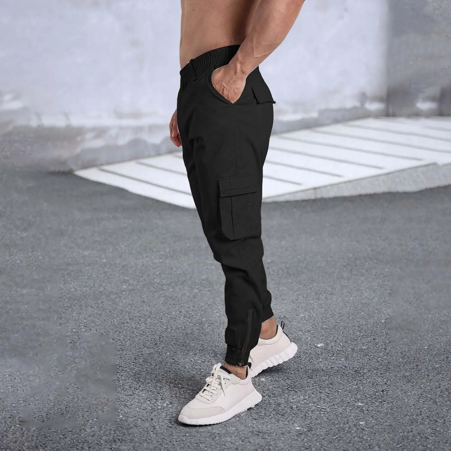 Men's Casual Active Cargo Pants Slim Fit Tapered Zip Up Bottom Joggers Elastic Waist Running Sweatpants with Pockets