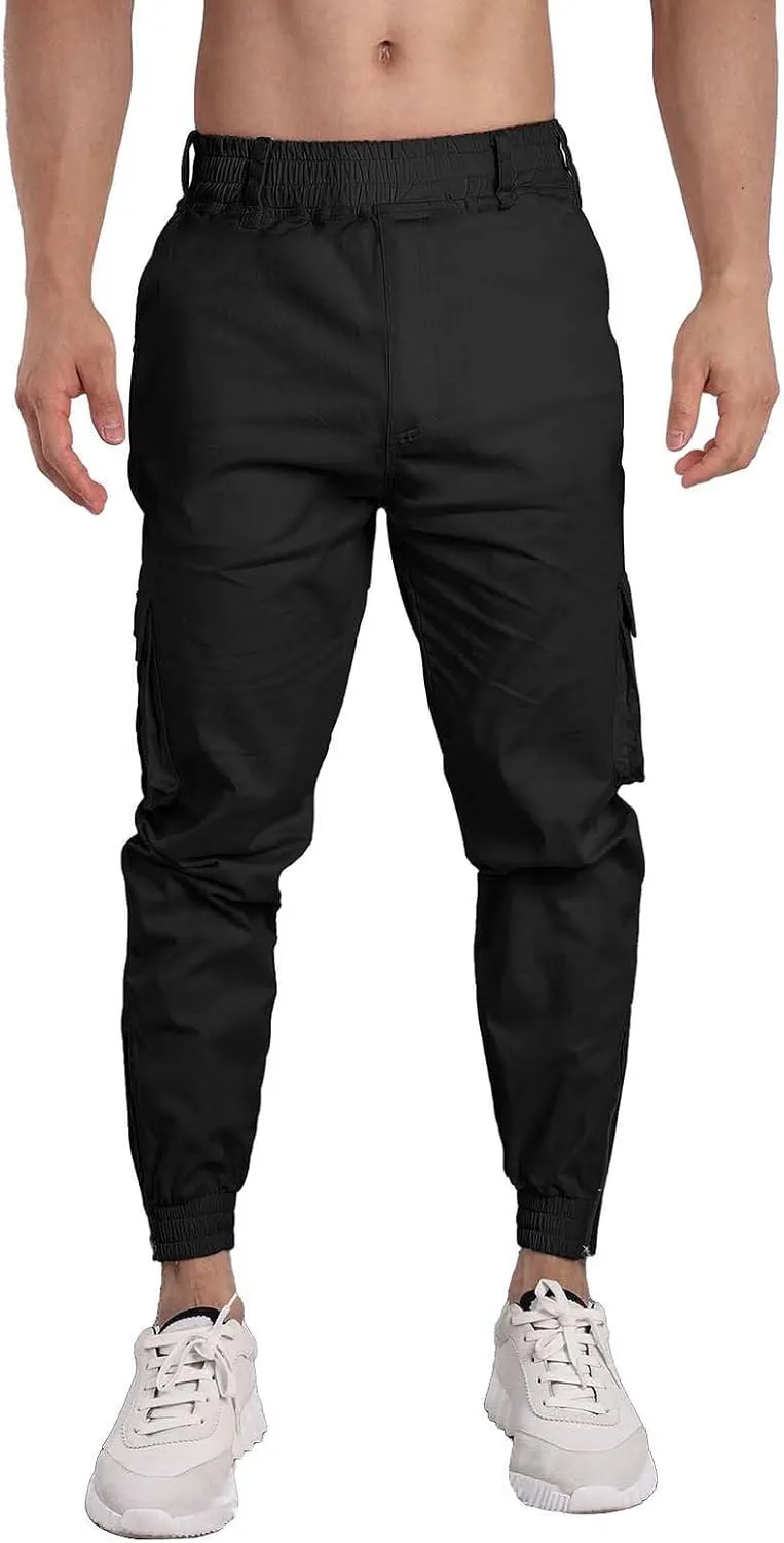 Men's Casual Active Cargo Pants Slim Fit Tapered Zip Up Bottom Joggers Elastic Waist Running Sweatpants with Pockets
