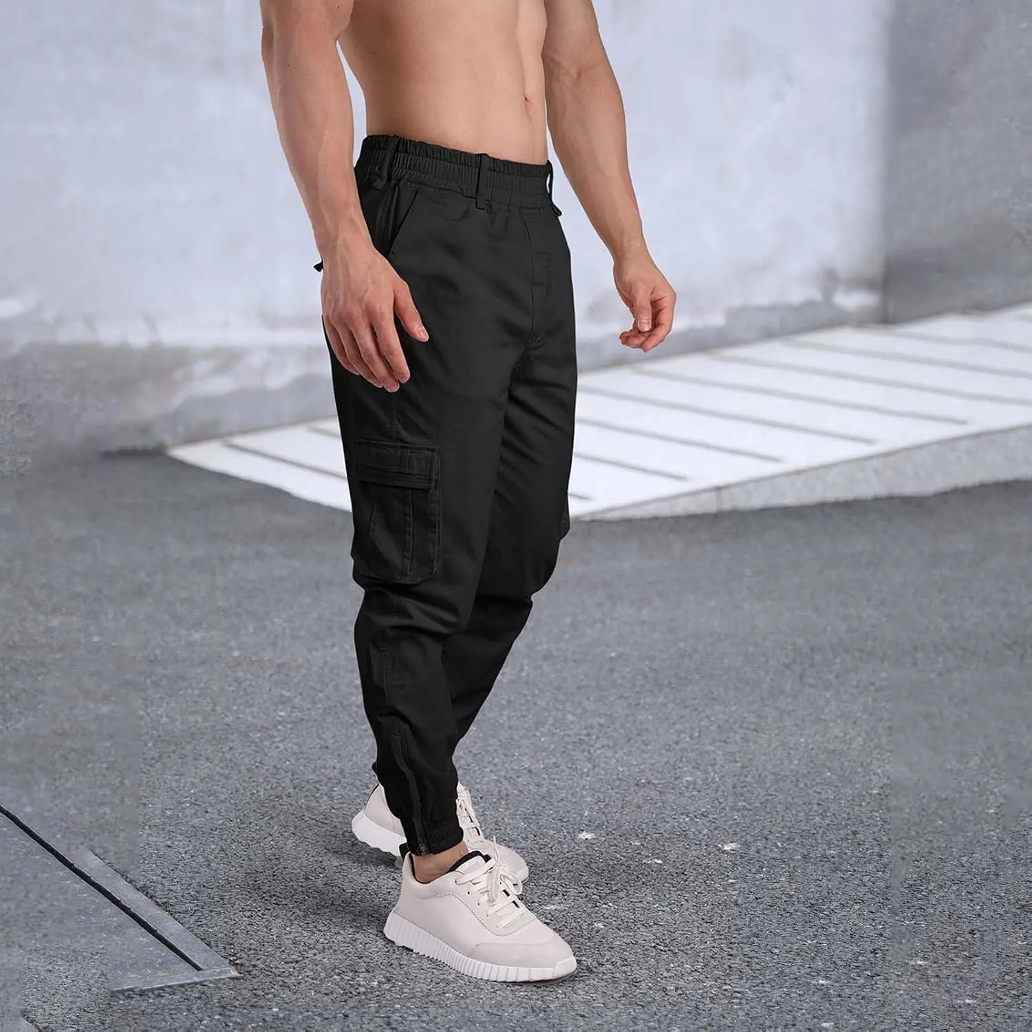 Men's Casual Active Cargo Pants Slim Fit Tapered Zip Up Bottom Joggers Elastic Waist Running Sweatpants with Pockets