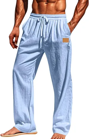 Mens Casual Fashion Linen Trousers Solid Loose Drawstring Elastic Waist Straight Leg Pants Vacation Ralaxed Fit Pants
