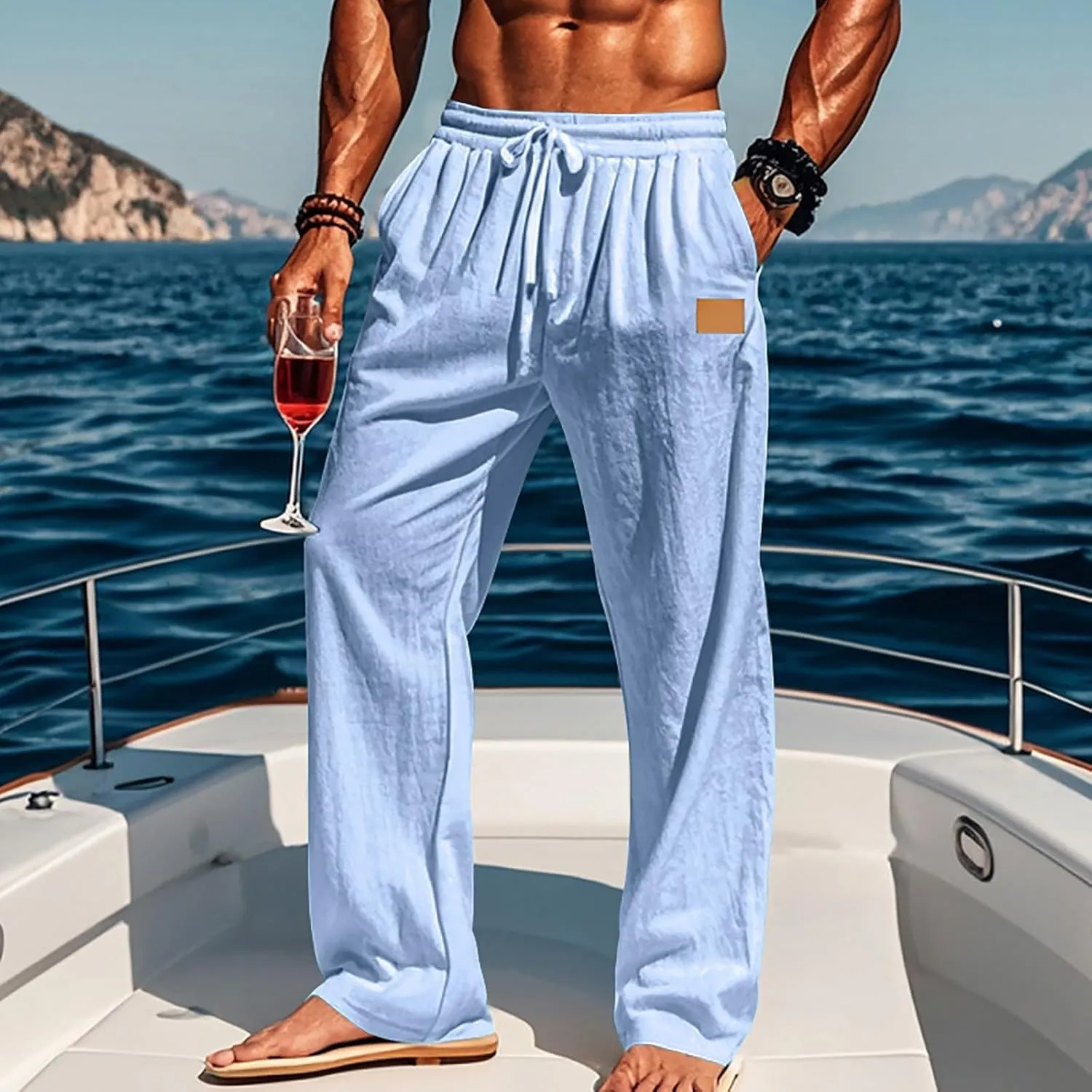 Mens Casual Fashion Linen Trousers Solid Loose Drawstring Elastic Waist Straight Leg Pants Vacation Ralaxed Fit Pants