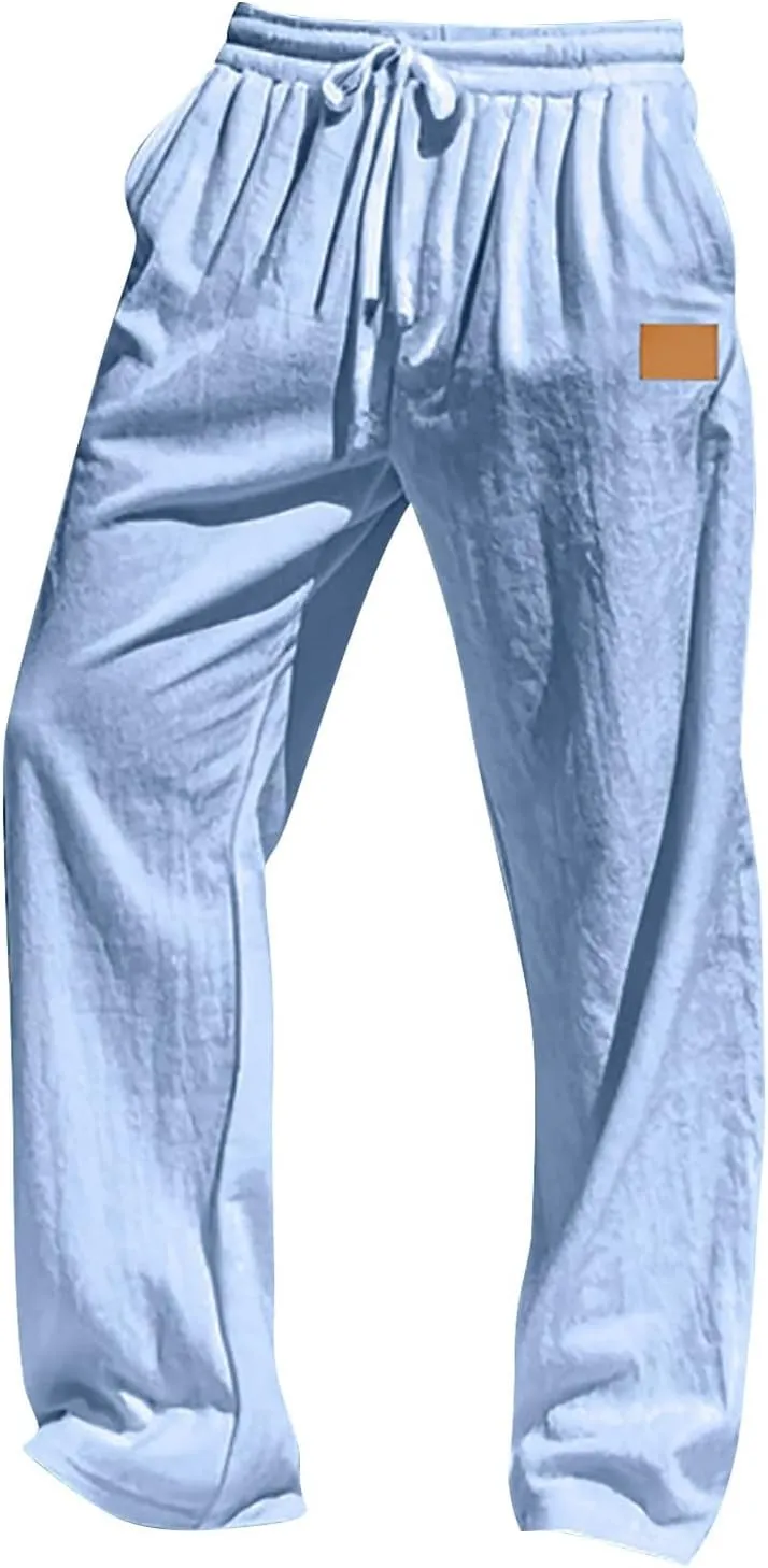 Mens Casual Fashion Linen Trousers Solid Loose Drawstring Elastic Waist Straight Leg Pants Vacation Ralaxed Fit Pants