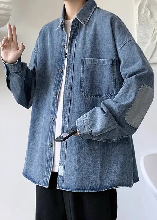 Mens Collar Denim Patchwork Blue Simple Peter Shirts Pan Pockets