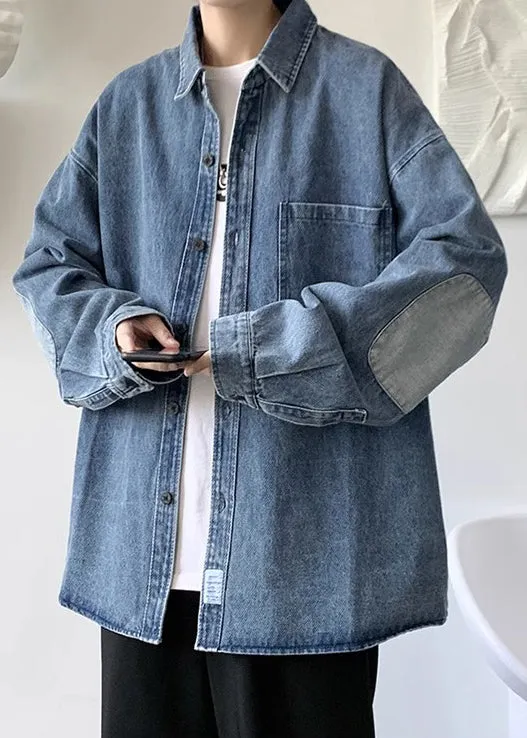 Mens Collar Denim Patchwork Blue Simple Peter Shirts Pan Pockets