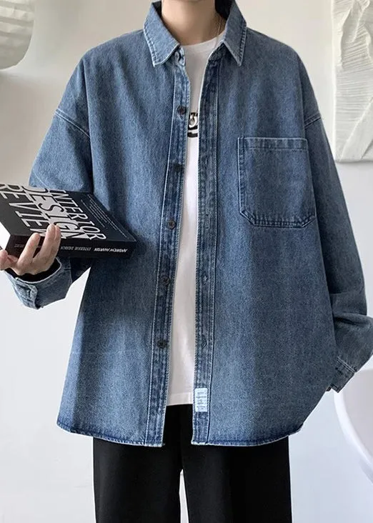 Mens Collar Denim Patchwork Blue Simple Peter Shirts Pan Pockets