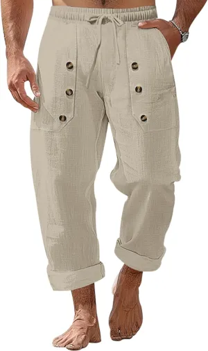 Mens Cotton Linen Pants Casual Summer Vacation Baggy Beach Pants Buttoned Drawstring Yoga Trousers with Pockets