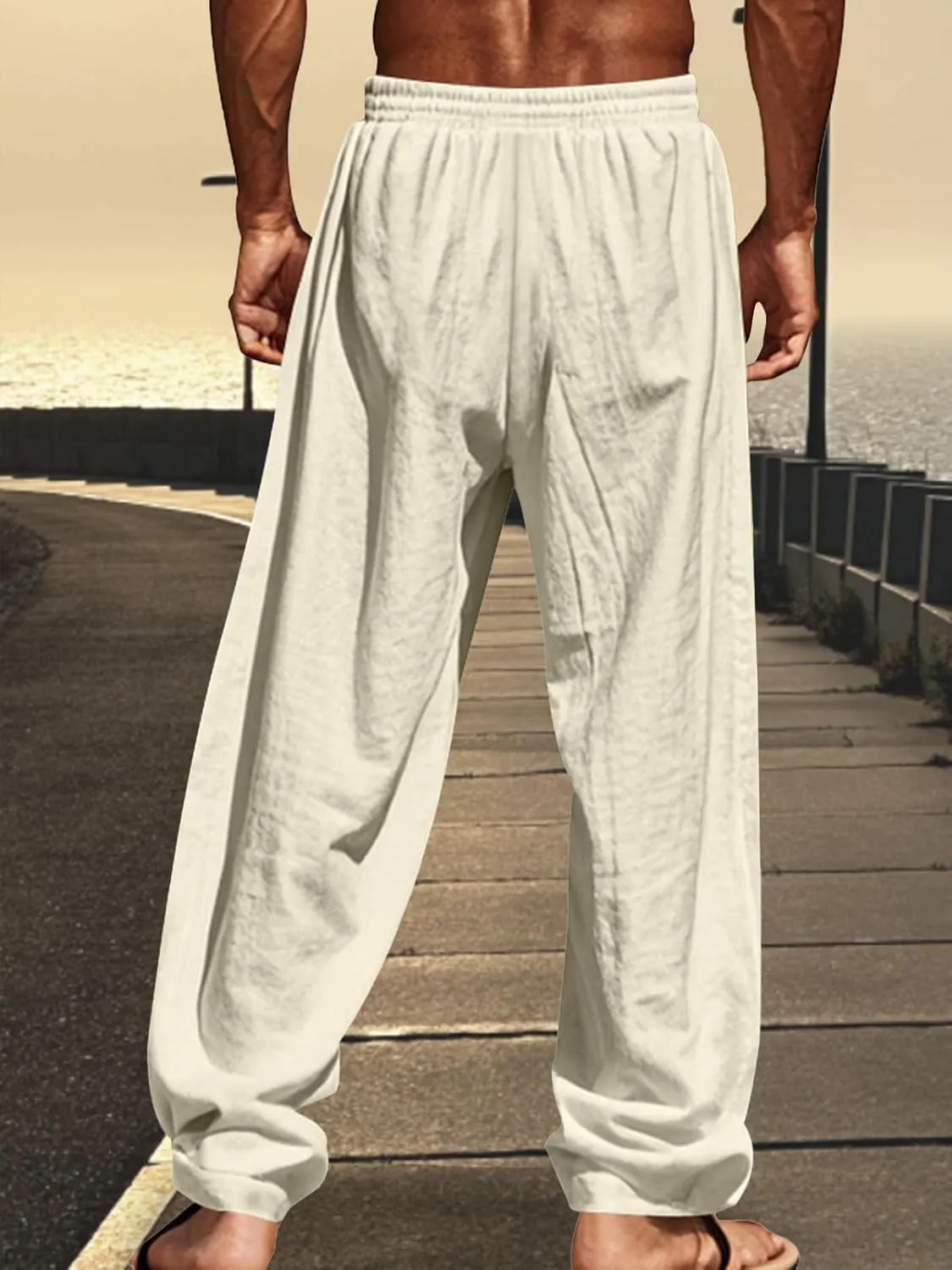 Mens Cotton Linen Pants Casual Summer Vacation Baggy Beach Pants Buttoned Drawstring Yoga Trousers with Pockets