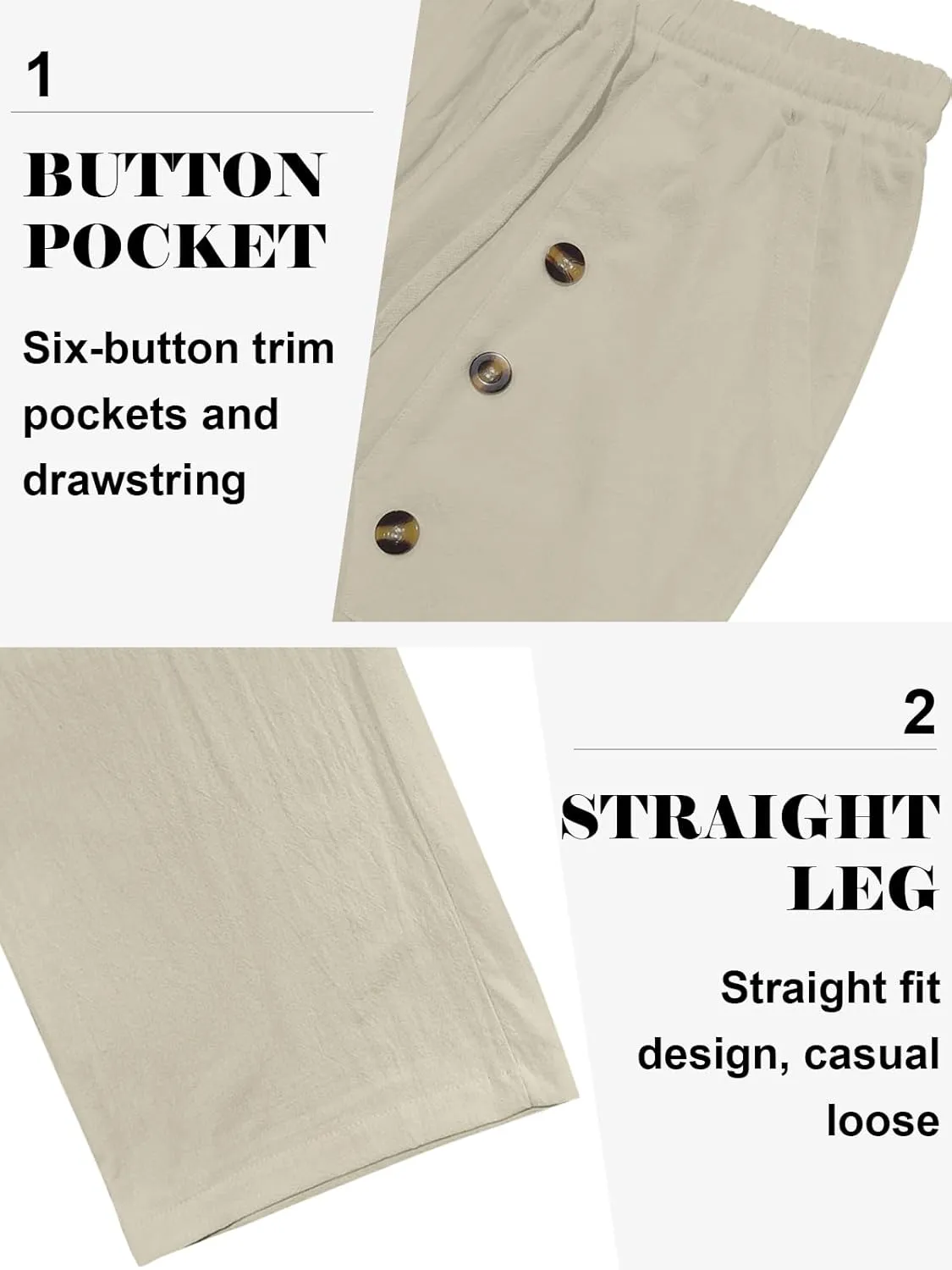 Mens Cotton Linen Pants Casual Summer Vacation Baggy Beach Pants Buttoned Drawstring Yoga Trousers with Pockets