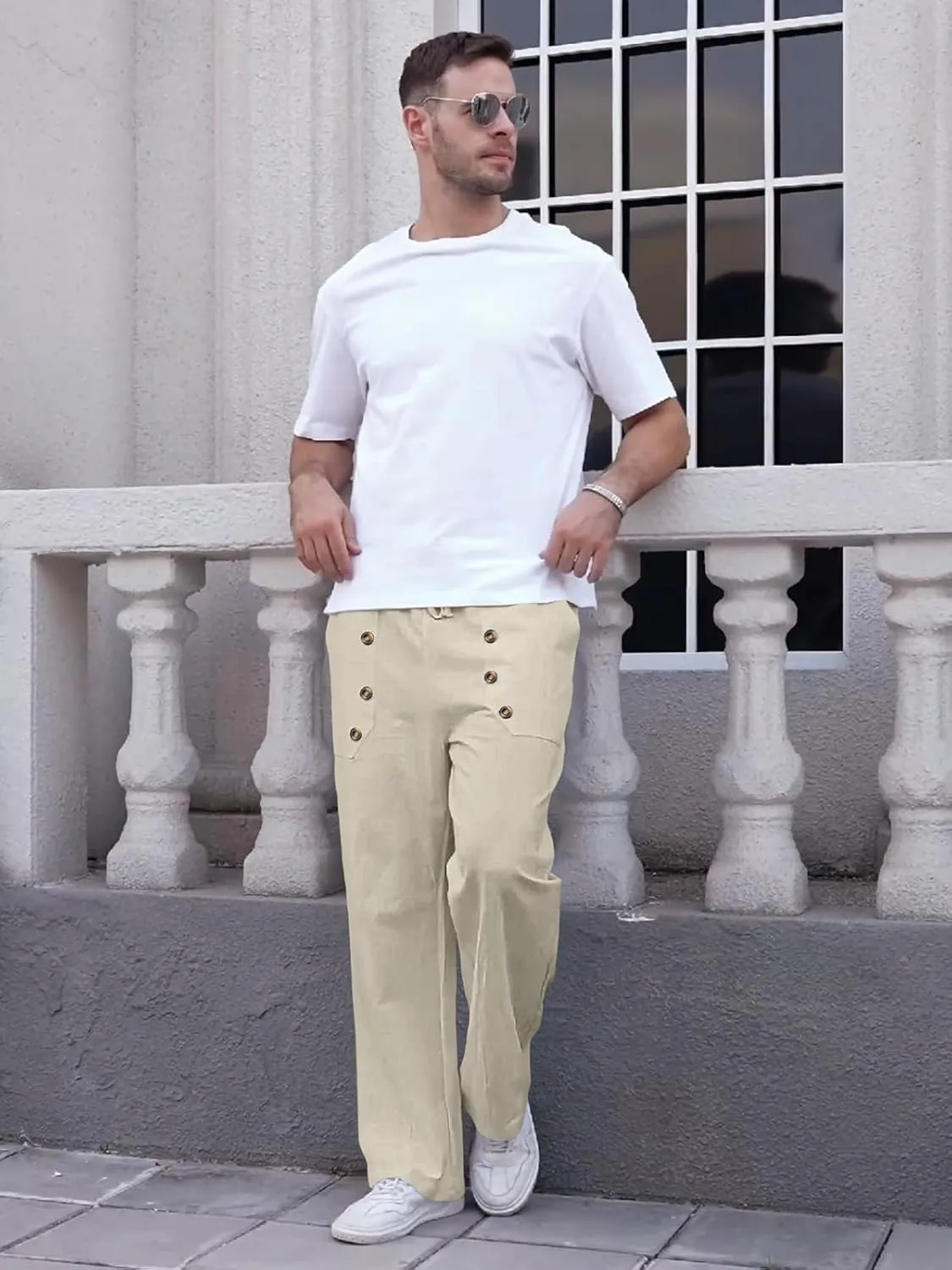 Mens Cotton Linen Pants Casual Summer Vacation Baggy Beach Pants Buttoned Drawstring Yoga Trousers with Pockets