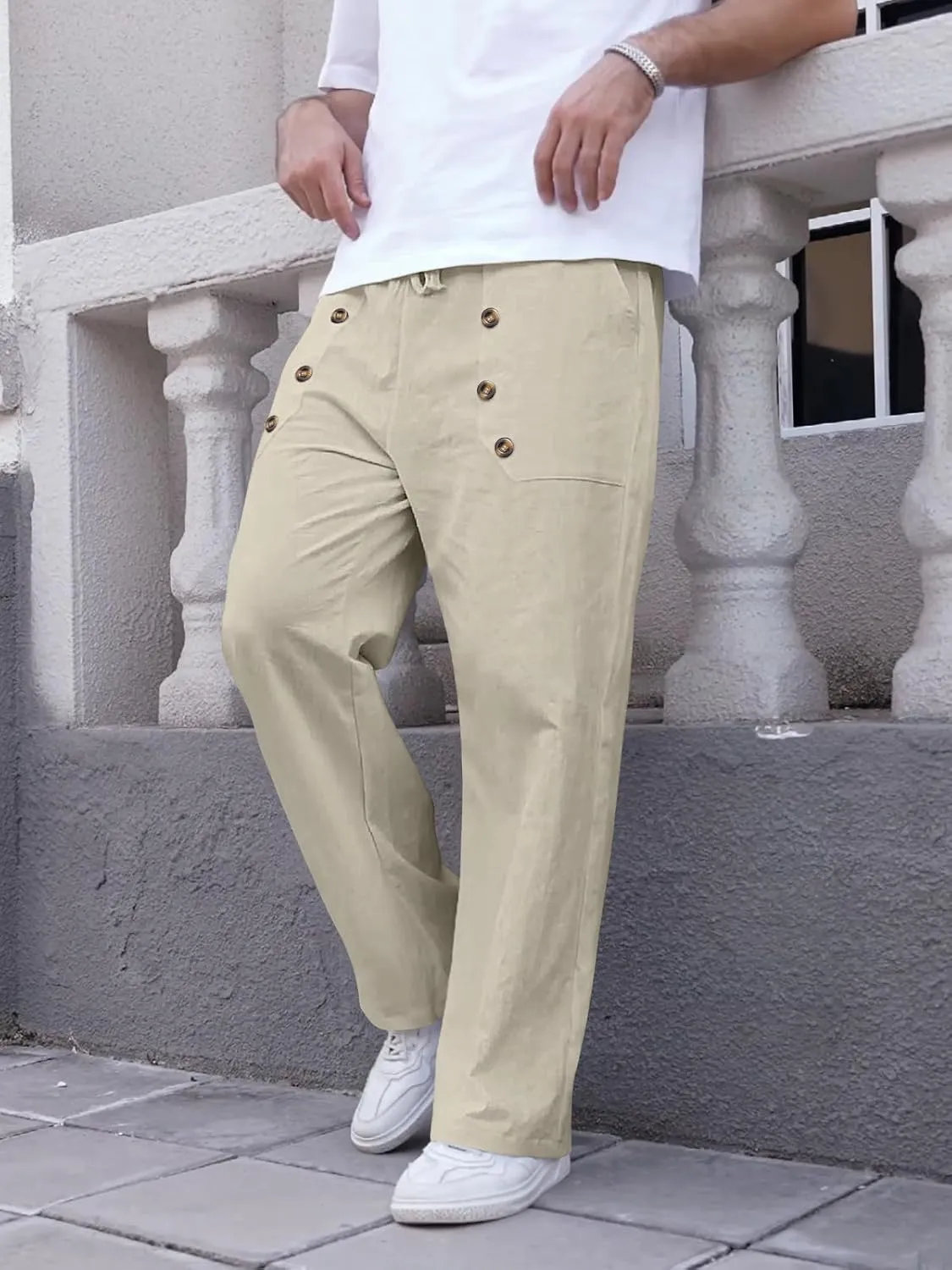 Mens Cotton Linen Pants Casual Summer Vacation Baggy Beach Pants Buttoned Drawstring Yoga Trousers with Pockets