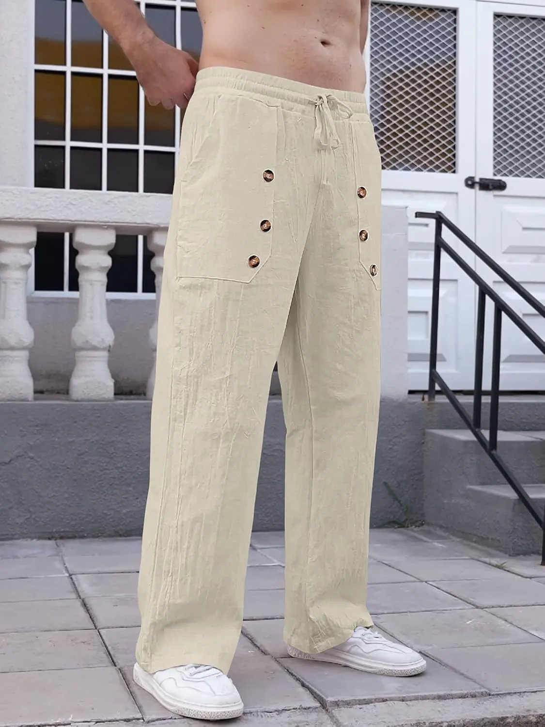 Mens Cotton Linen Pants Casual Summer Vacation Baggy Beach Pants Buttoned Drawstring Yoga Trousers with Pockets