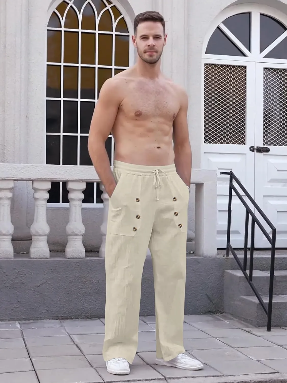 Mens Cotton Linen Pants Casual Summer Vacation Baggy Beach Pants Buttoned Drawstring Yoga Trousers with Pockets