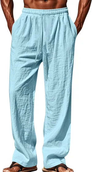 Men's Cotton Linen Pants Drawstring Pants with Pockets Elastic Waist Casual Jogger Yoga Pants Work Pants for Men