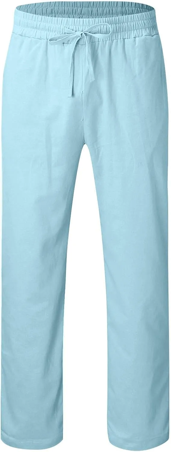 Men's Cotton Linen Pants Drawstring Pants with Pockets Elastic Waist Casual Jogger Yoga Pants Work Pants for Men