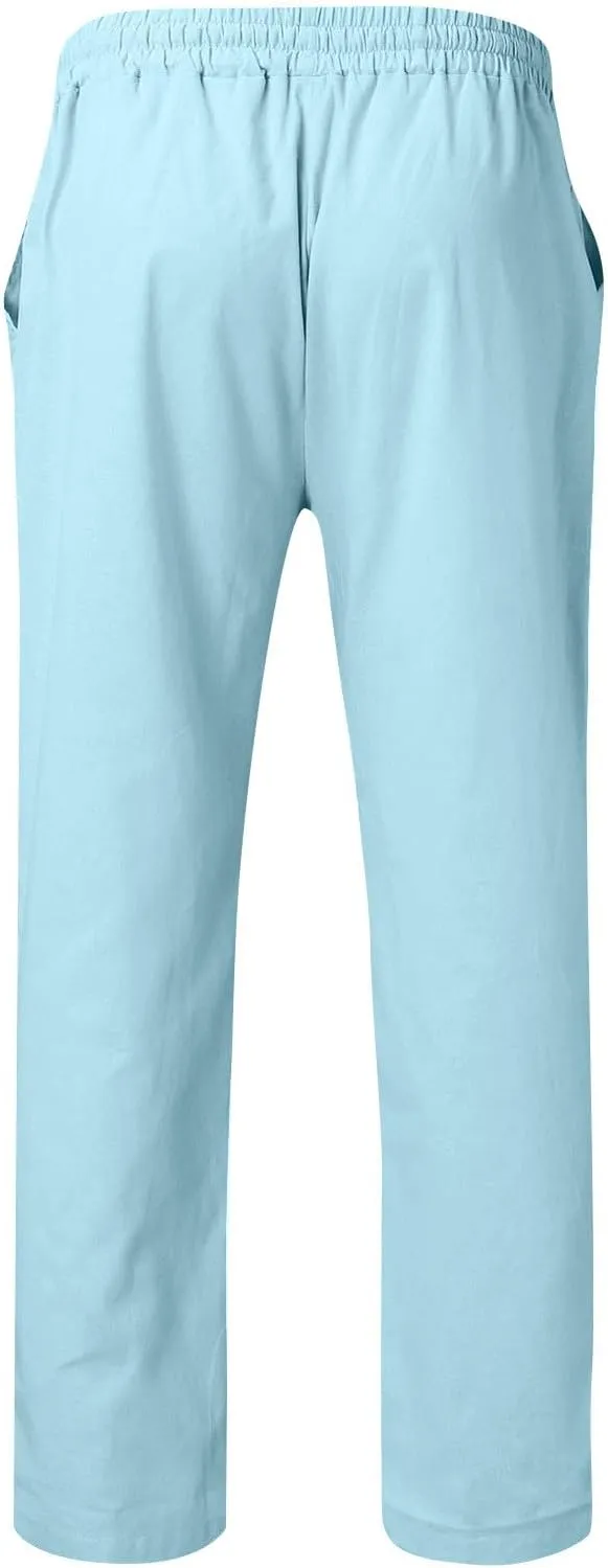 Men's Cotton Linen Pants Drawstring Pants with Pockets Elastic Waist Casual Jogger Yoga Pants Work Pants for Men