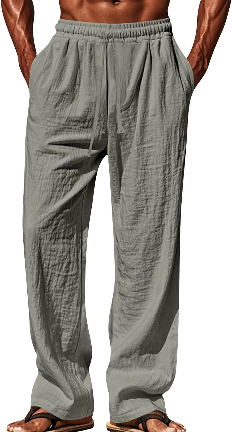 Men's Cotton Linen Pants Drawstring Pants with Pockets Elastic Waist Casual Jogger Yoga Pants Work Pants for Men