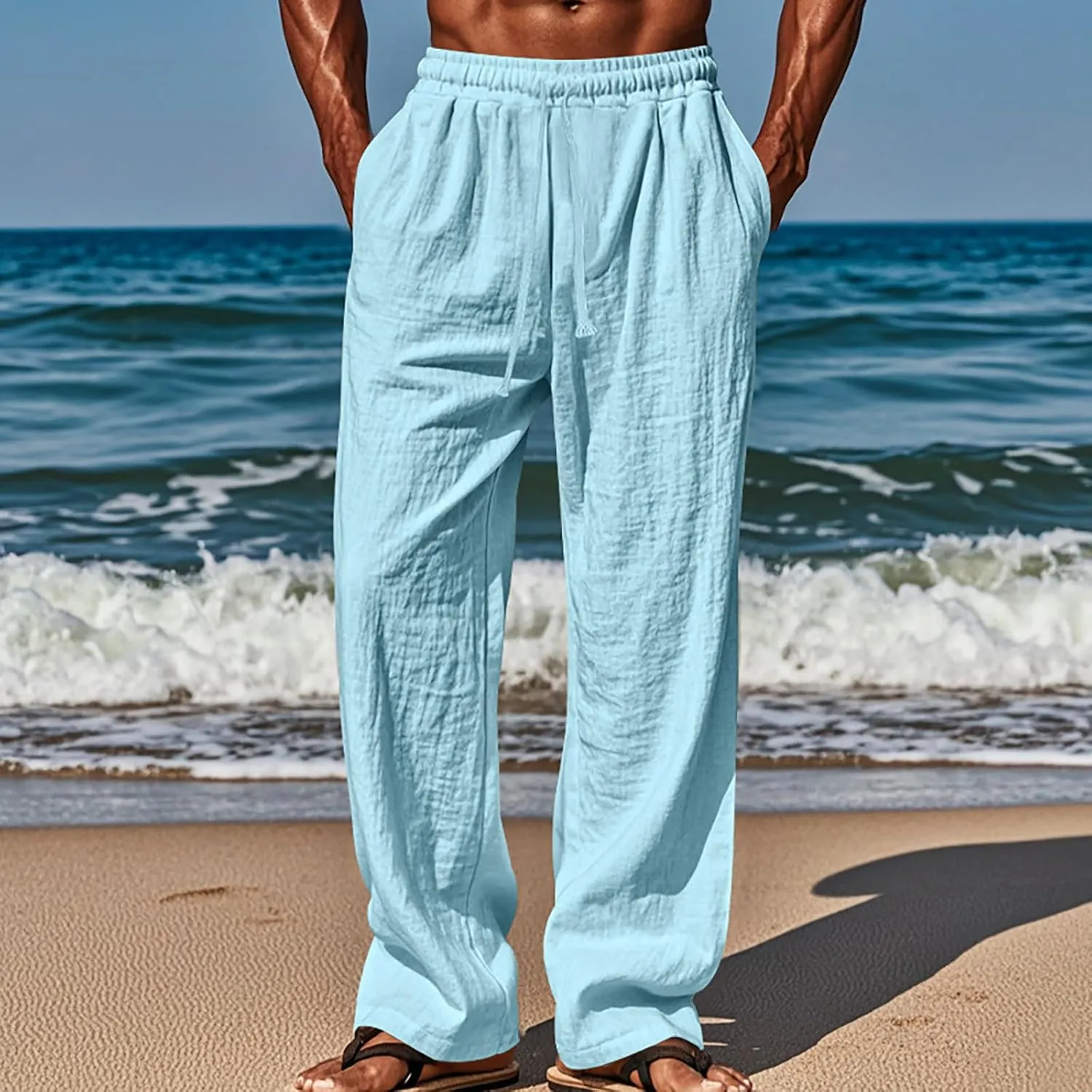 Men's Cotton Linen Pants Drawstring Pants with Pockets Elastic Waist Casual Jogger Yoga Pants Work Pants for Men