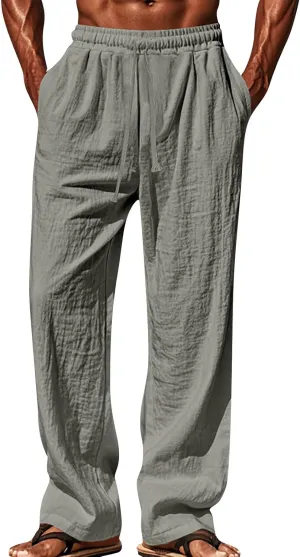 Men's Cotton Linen Pants Drawstring Pants with Pockets Elastic Waist Casual Jogger Yoga Pants Work Pants for Men