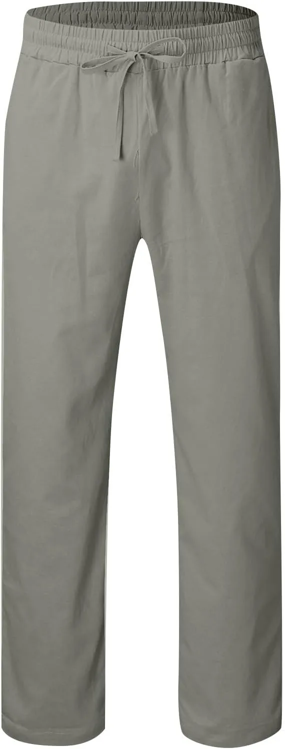 Men's Cotton Linen Pants Drawstring Pants with Pockets Elastic Waist Casual Jogger Yoga Pants Work Pants for Men