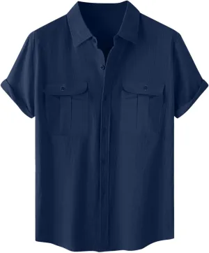 Men's Cotton Linen Tops Summer Solid Short Sleeve Button Down Blouse Casual Fashion Lightweight Shirt with Pockets