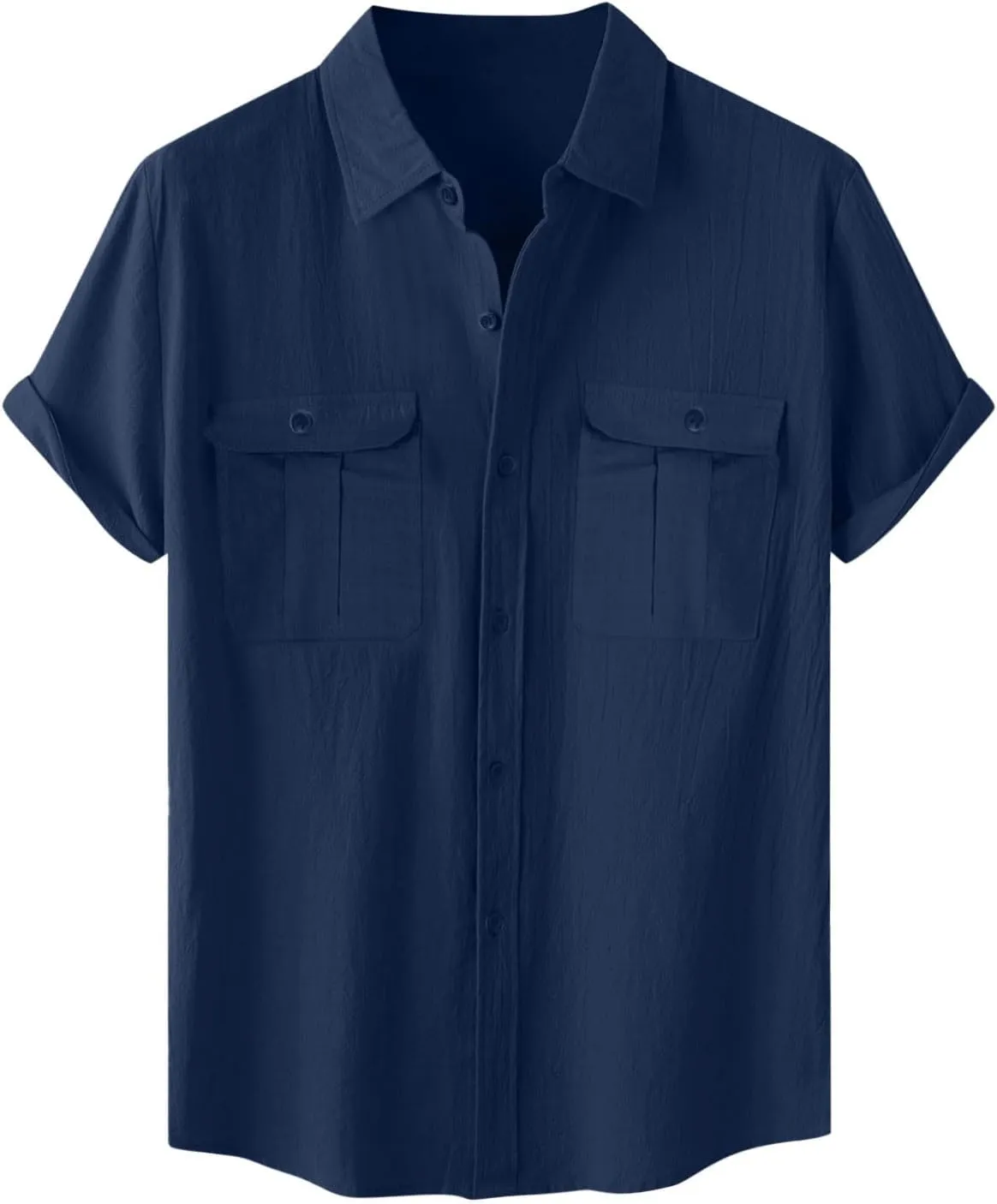Men's Cotton Linen Tops Summer Solid Short Sleeve Button Down Blouse Casual Fashion Lightweight Shirt with Pockets