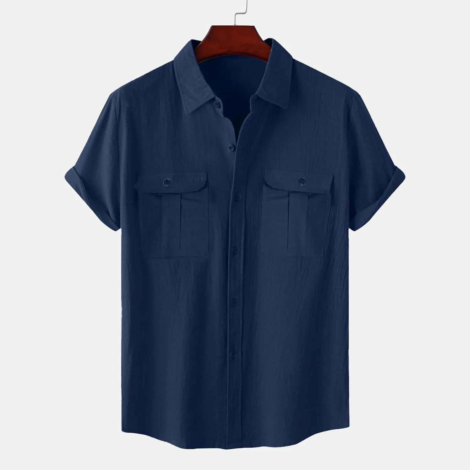 Men's Cotton Linen Tops Summer Solid Short Sleeve Button Down Blouse Casual Fashion Lightweight Shirt with Pockets