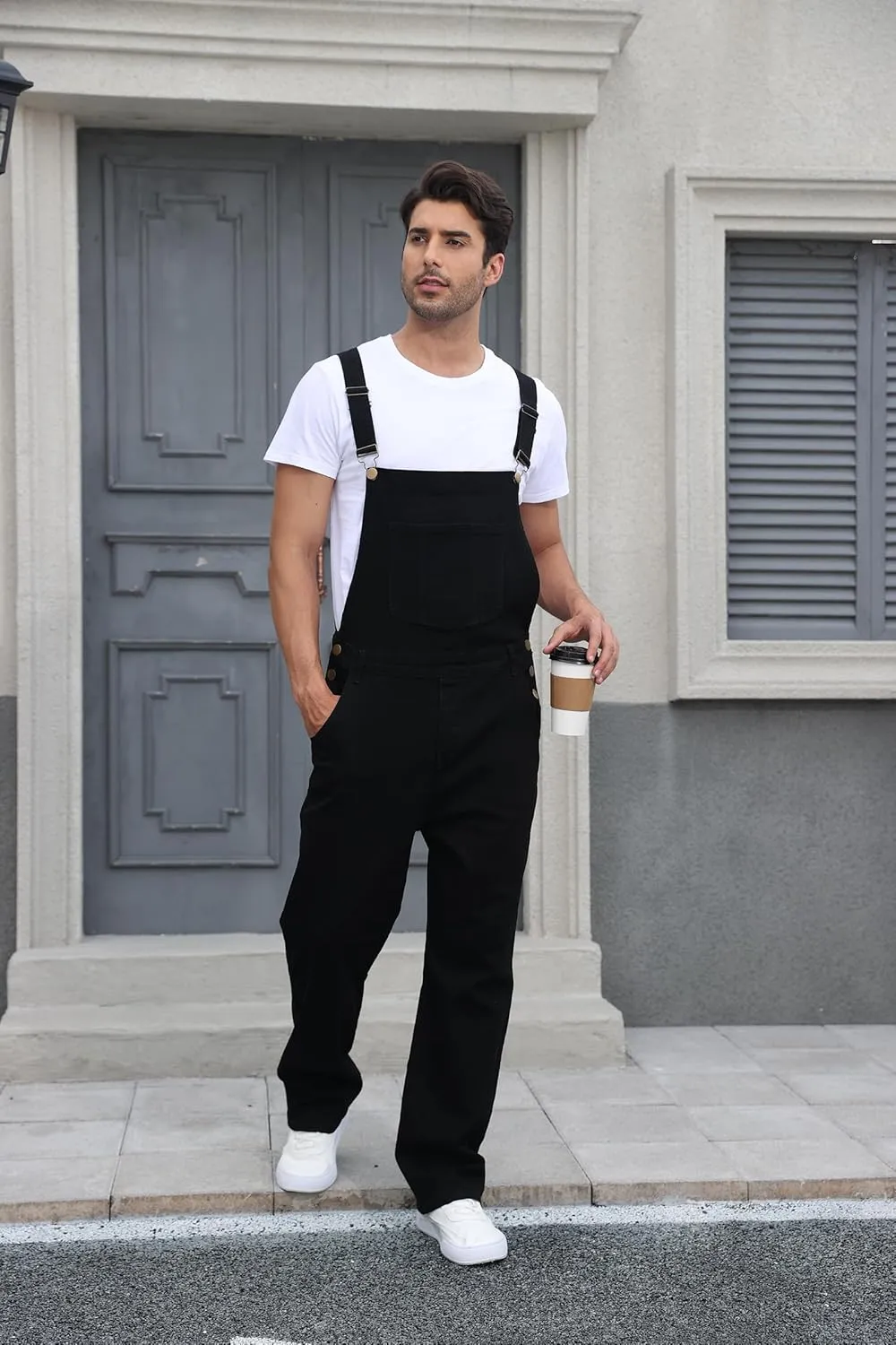 Men's Denim Bib Overalls Fashion Slim Fit Stretchy Adjustable Straps Boot Cut Jeans Jumpsuit