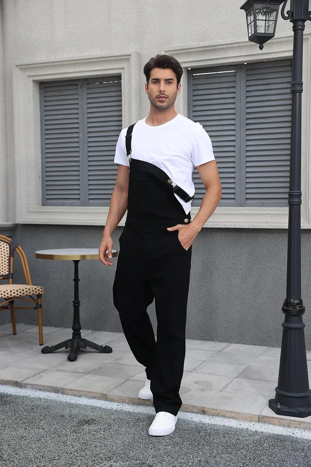 Men's Denim Bib Overalls Fashion Slim Fit Stretchy Adjustable Straps Boot Cut Jeans Jumpsuit