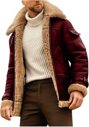 Men's Faux Fur Jacket Lined Fleece Shearling Coat Warm Military Cargo Trucker Aviator Bomber Jacket Outwear (Color : Red, Size : 3X-Large)