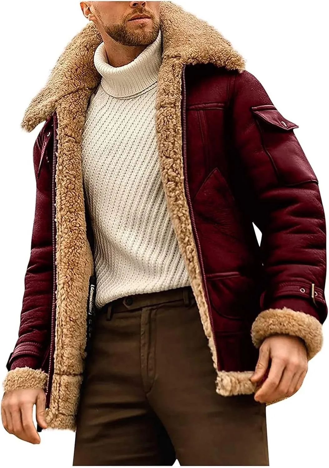 Men's Faux Fur Jacket Lined Fleece Shearling Coat Warm Military Cargo Trucker Aviator Bomber Jacket Outwear (Color : Red, Size : 3X-Large)