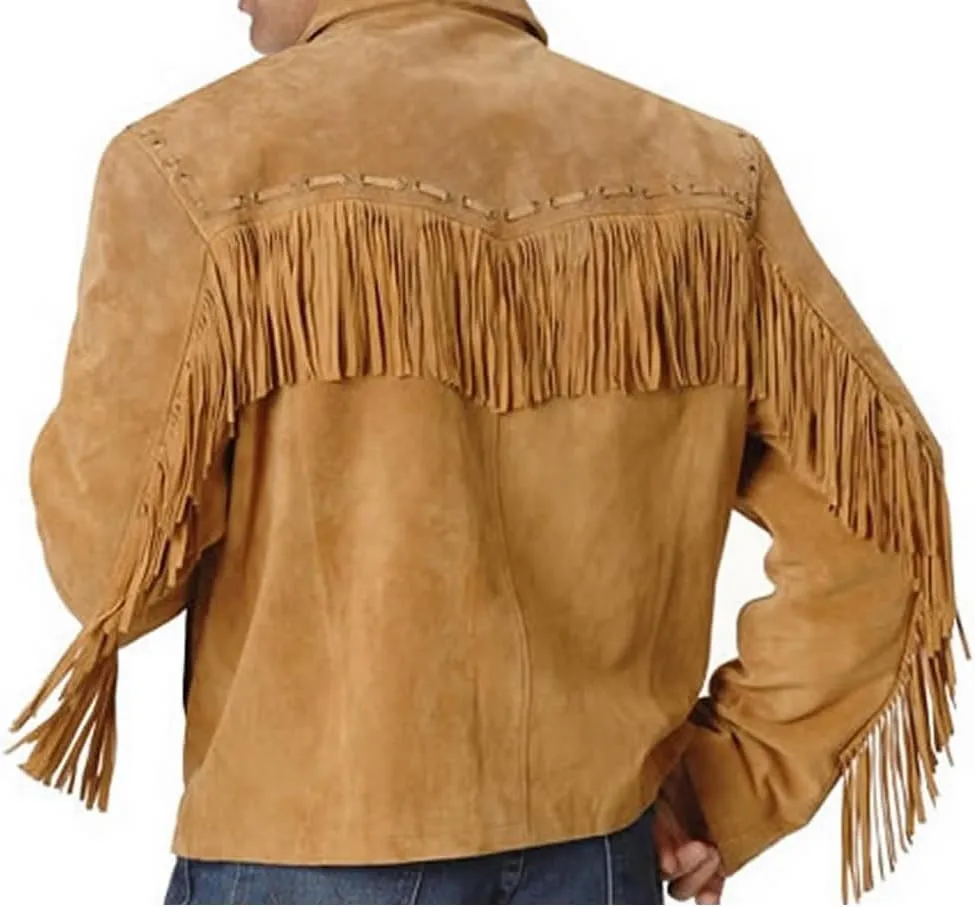 Mens Fringe Jacket - Western Cowboy Brown Faux Suede Leather Fringed Jacket with Fringes