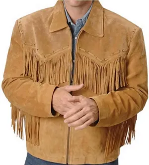 Mens Fringe Jacket - Western Cowboy Brown Faux Suede Leather Fringed Jacket with Fringes