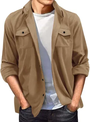 Mens Front Pockets Suede Leather Jackets Vintage Button Down Shirt Jackets Long Sleeve Work Overshirts Trucker Coats