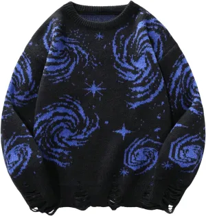 Men's Grunge Sweater Graphic Pattern Goth Punk Sweater Ripped Crewneck Long Sleeve Pullover Sweater