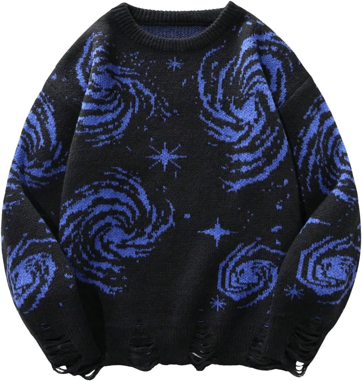 Men's Grunge Sweater Graphic Pattern Goth Punk Sweater Ripped Crewneck Long Sleeve Pullover Sweater