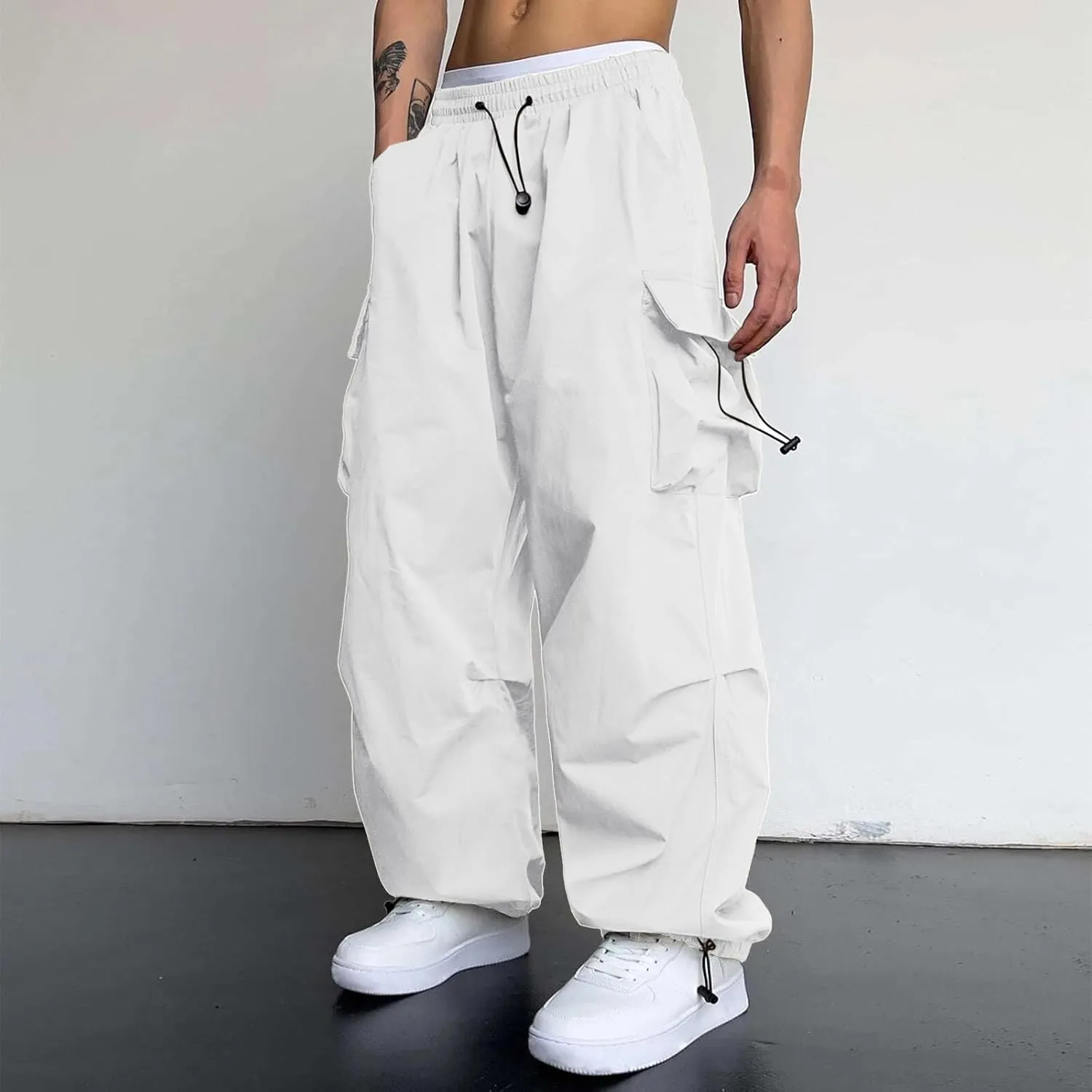 Men's Hip Hop Parachute Jogger Pants Y2K Street Baggy Trousers Rap Hippies Cargo Pants Harem Pants with Pockets
