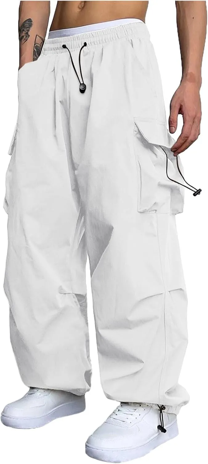 Men's Hip Hop Parachute Jogger Pants Y2K Street Baggy Trousers Rap Hippies Cargo Pants Harem Pants with Pockets