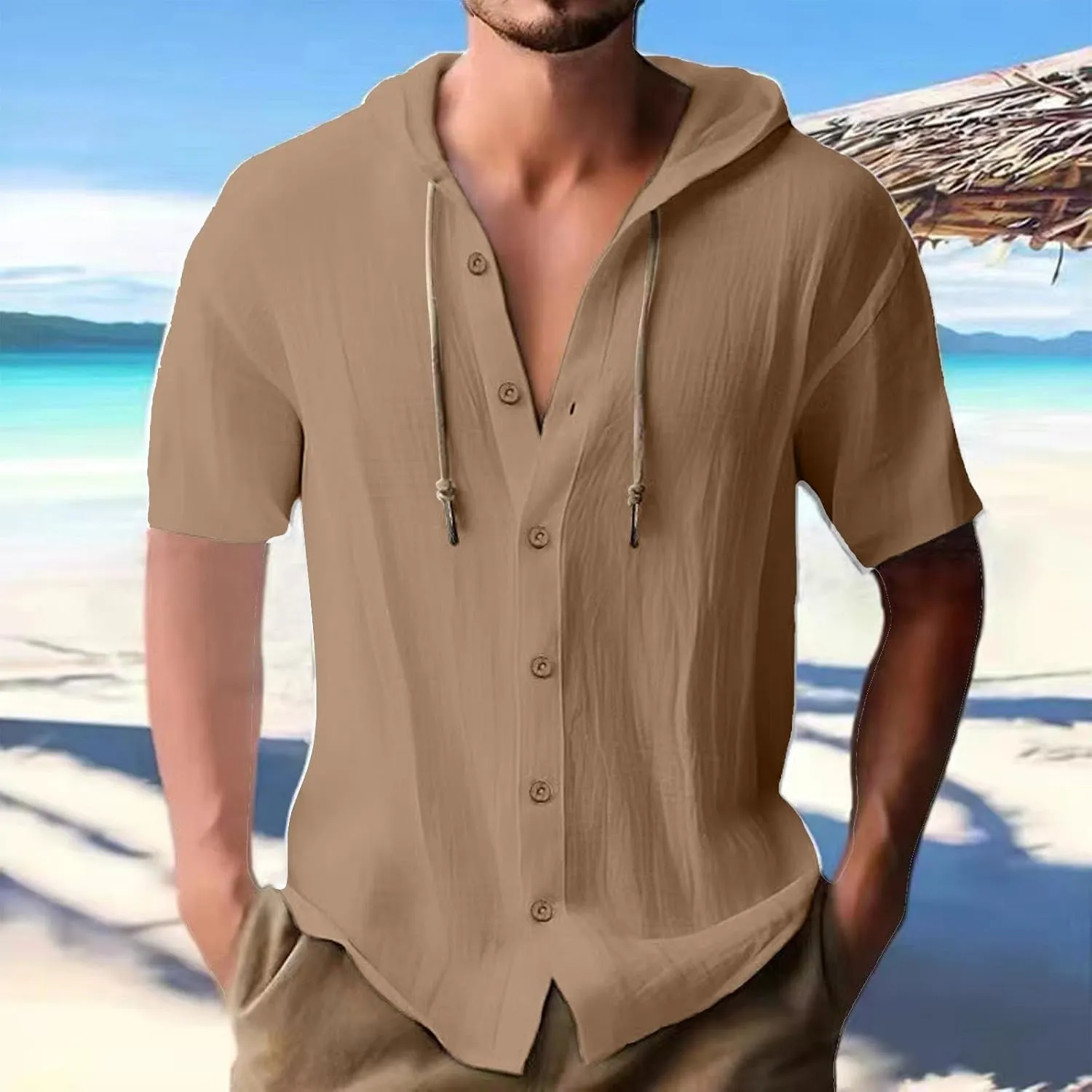 Men's Hooded Linen Shirts Casual Hawaiian Drawstring Button Down Short Sleeve Tops Summer Beach Vacation Hippie Shirt