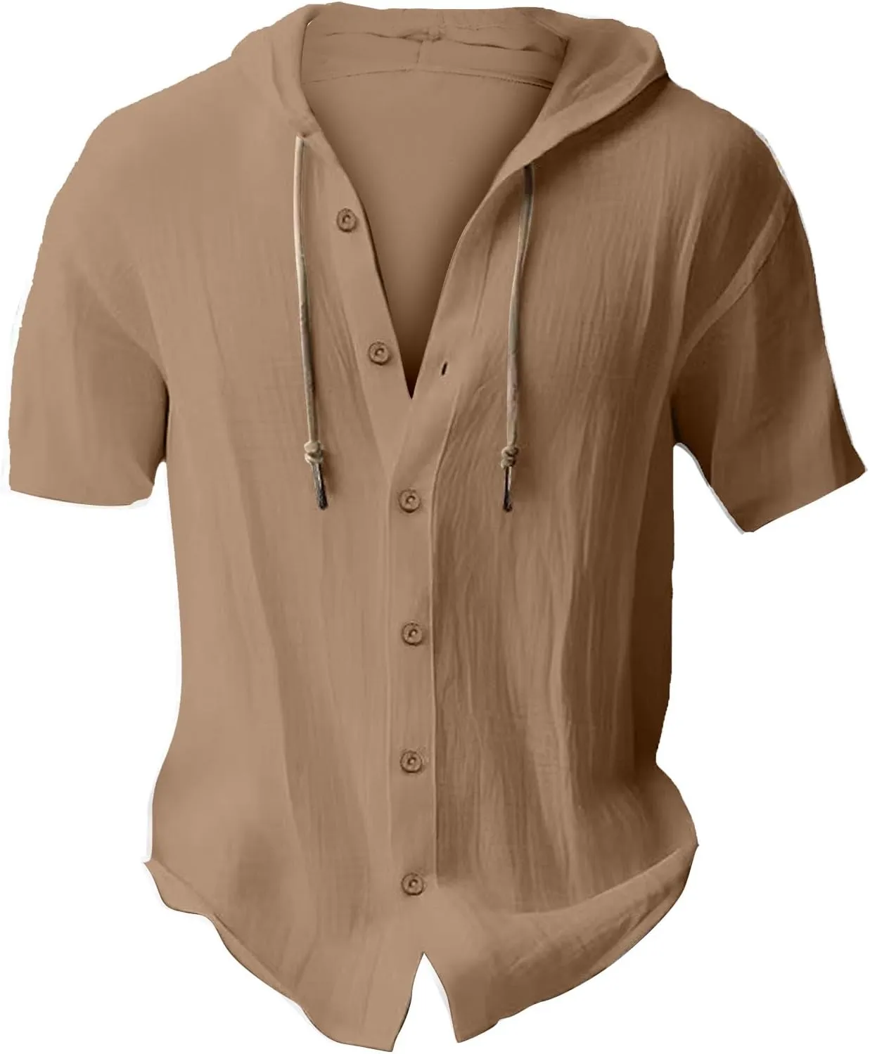 Men's Hooded Linen Shirts Casual Hawaiian Drawstring Button Down Short Sleeve Tops Summer Beach Vacation Hippie Shirt